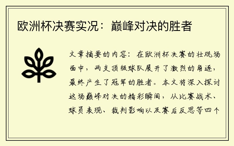欧洲杯决赛实况：巅峰对决的胜者