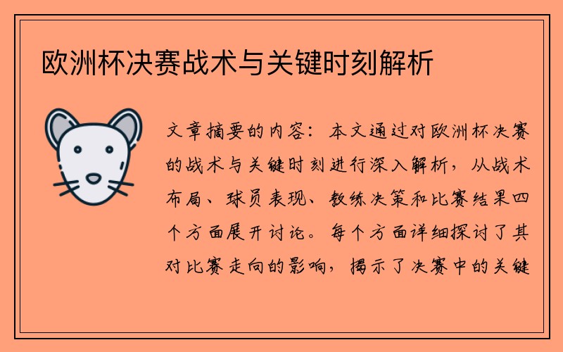 欧洲杯决赛战术与关键时刻解析